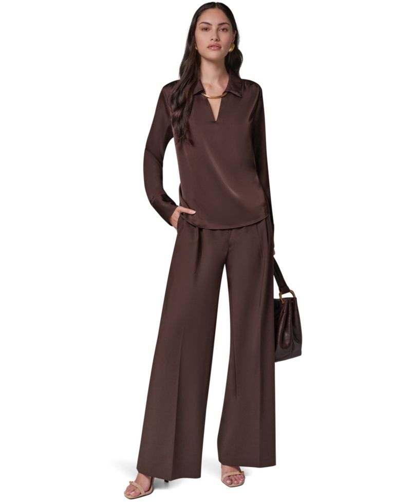 Women's Long-Sleeve Satin V-Neck Collared Blouse