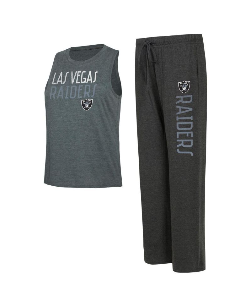 Women's Black, Charcoal Distressed Las Vegas Raiders Muscle Tank Top and Pants Lounge Set