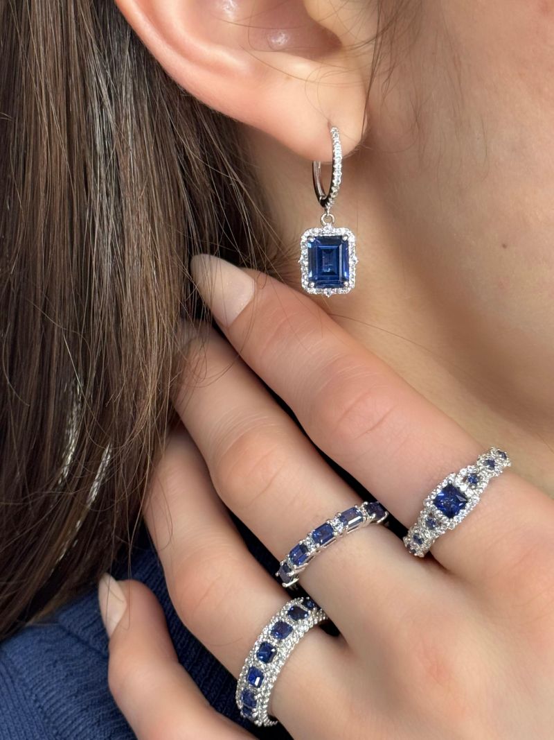 Suzy Levian Sterling Silver Emerald Cut Gemstone Halo Dangling Earrings