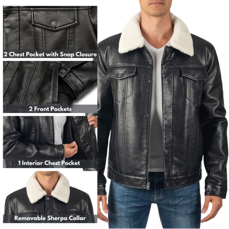 Men's Aaron Fitted Trucker Jacket Sherpa Collar Faux Leather Casual Coat