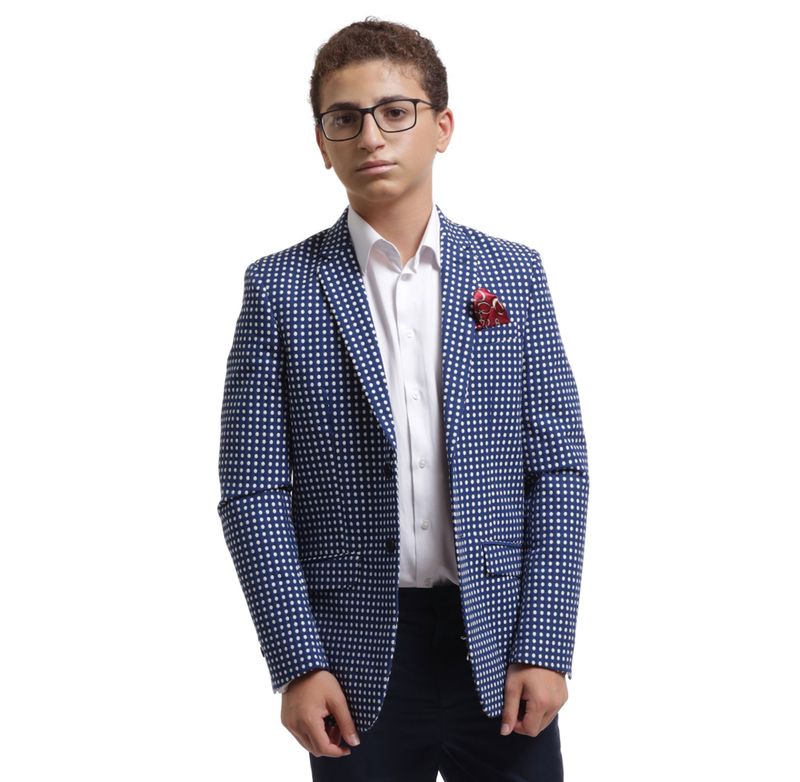 Boys Navy Slim Fit Checked Blazer