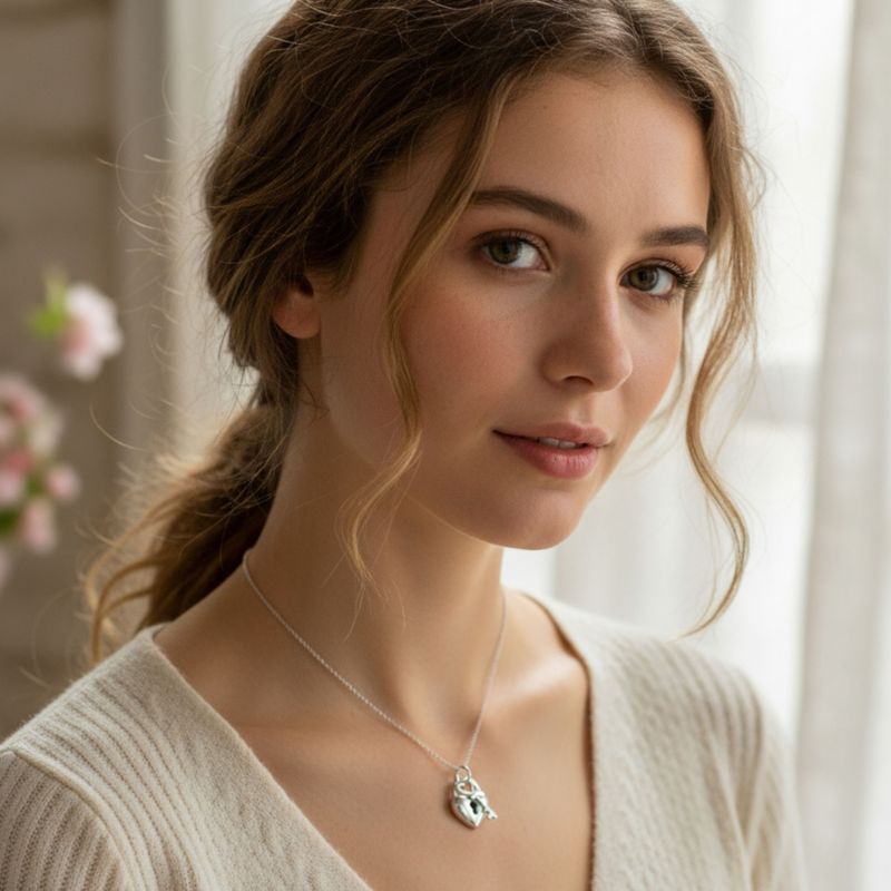 2 Charm Love Lock and Key Heart Pendant Necklace .925 Sterling Silver