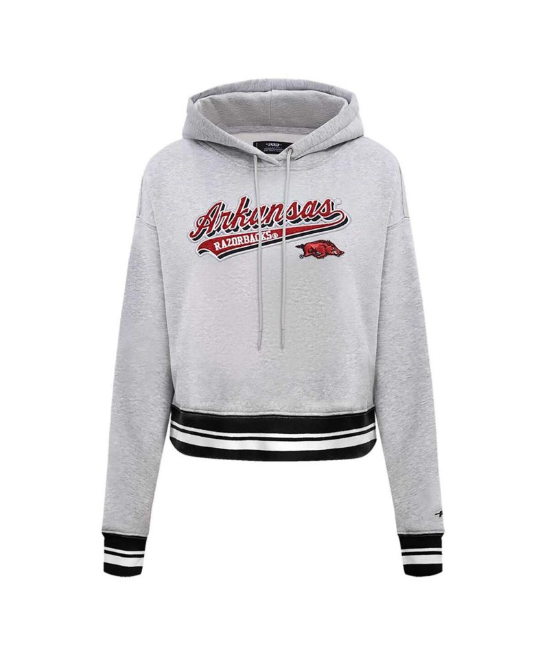 Women's Heather Gray Arkansas Razorbacks Script Tail Fleece Cropped Pullover Hoodie