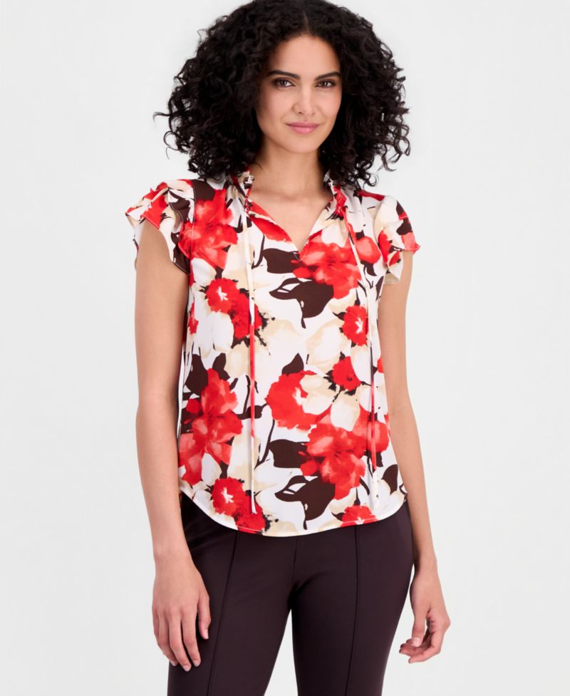 Petite Tie-Neck Ruffle-Sleeve Top