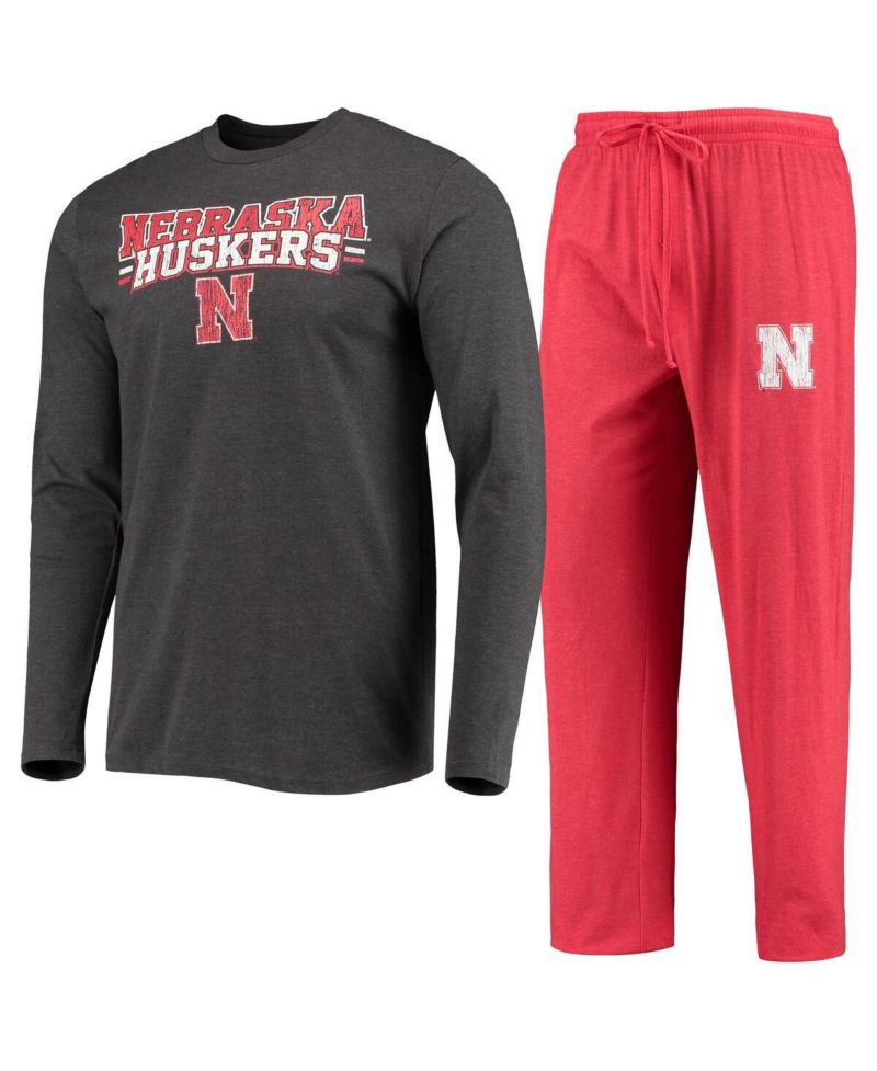 Men's Scarlet, Heathered Charcoal Distressed Nebraska Huskers Meter Long Sleeve T-shirt and Pants Sleep Set