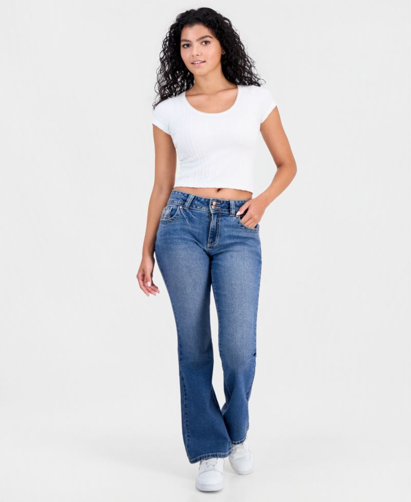 Juniors' Embroidered Flap-Pocket Flare-Leg Jeans