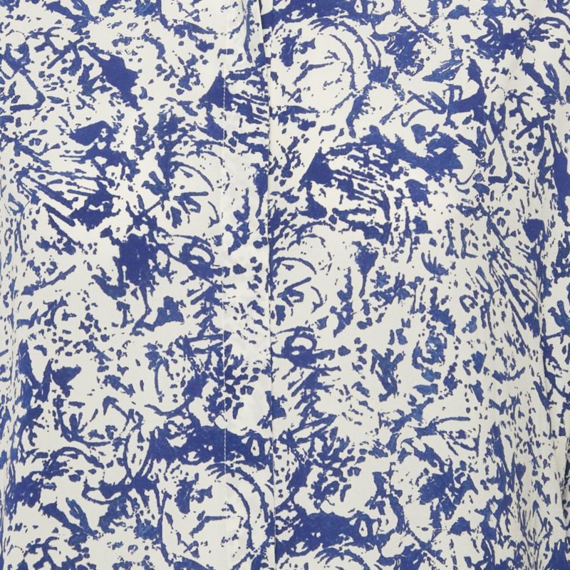 Women's White/blue Printed Silk Button Front Cade Top