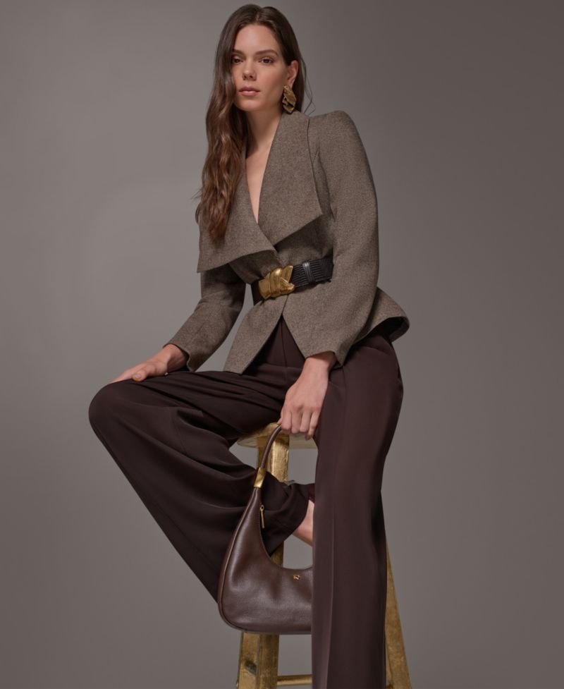 Women Cropped Shoulder-Padded Belted Blazer