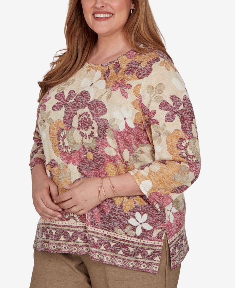 Plus Size Floral-Print Geometric-Border 3/4-Sleeve Top