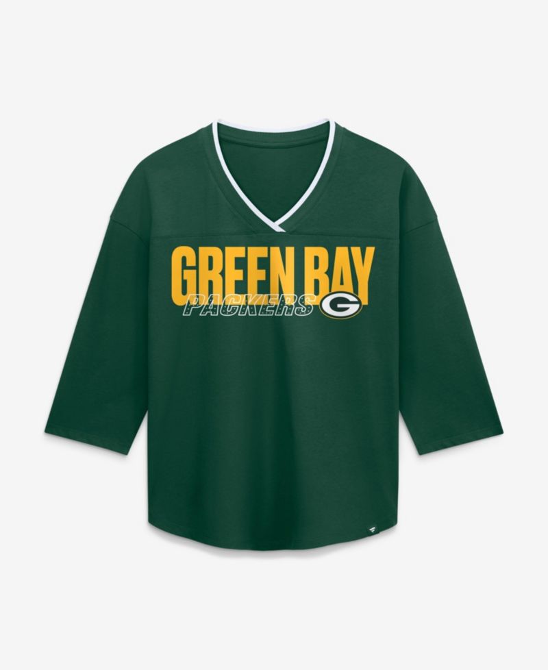 Women's Green Bay Packers Team First Deceptive Juke 3/4-Sleeve V-Neck Oversized Chest Graphic T-Shirt