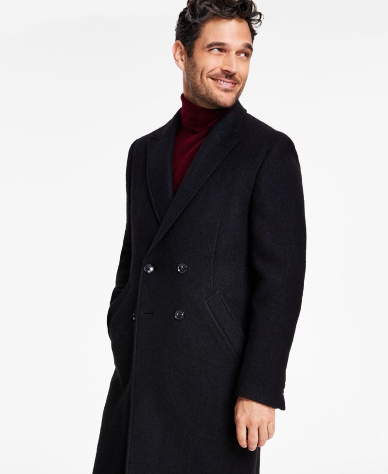 Men's Modern-Fit Solid Double-Breasted Overcoat