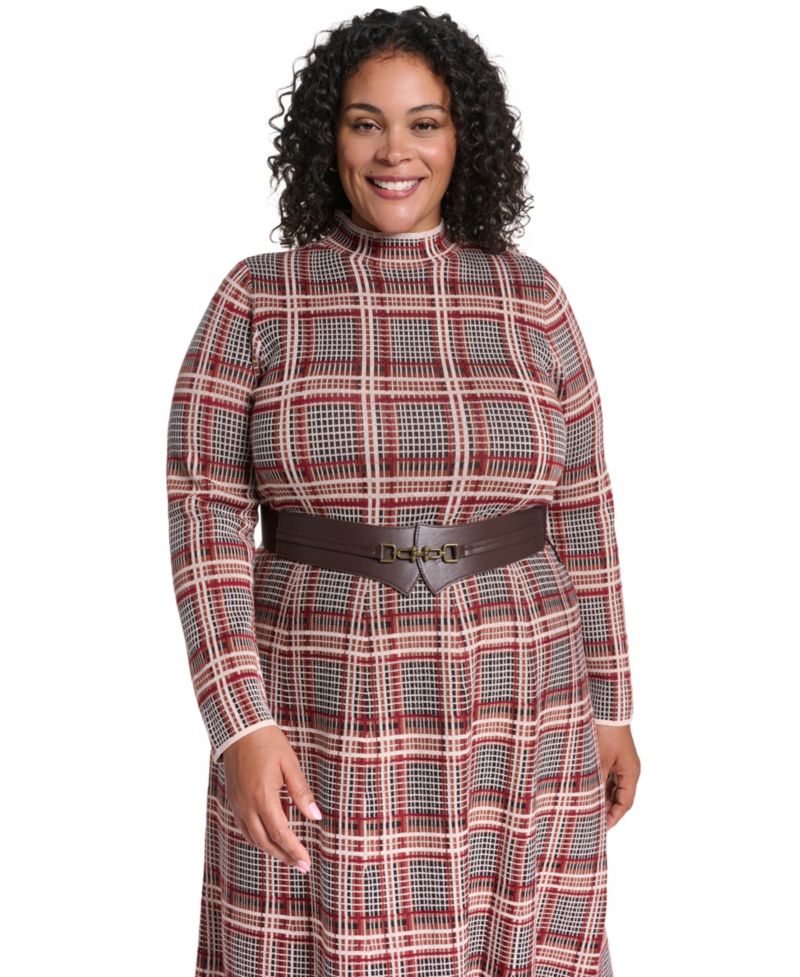 Plus Mock Neck Long-Sleeve Fit & Flare Dress