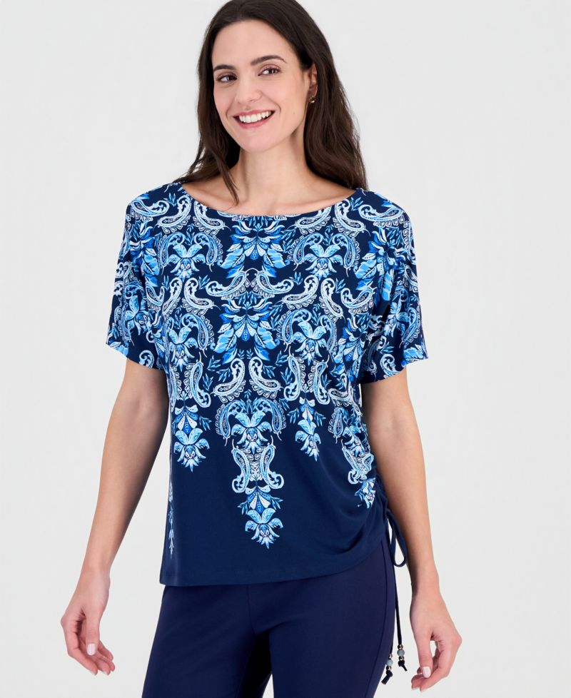 Women's Printed Side Ruched Boat-Neck Top