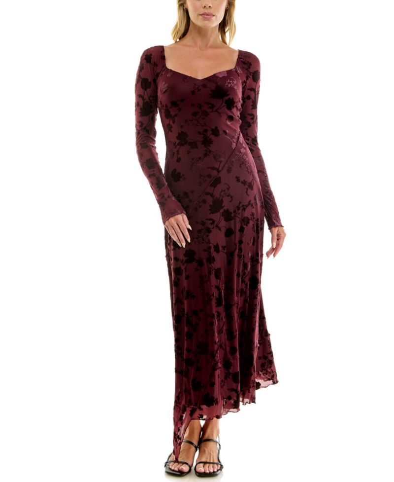 Juniors' Long-Sleeve V-Neck Velvet-Burnout Midi Dress