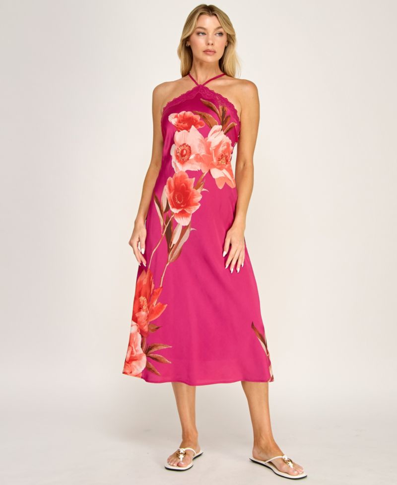 Women's Printed Halter Neck Scallop Trim Midi Dress