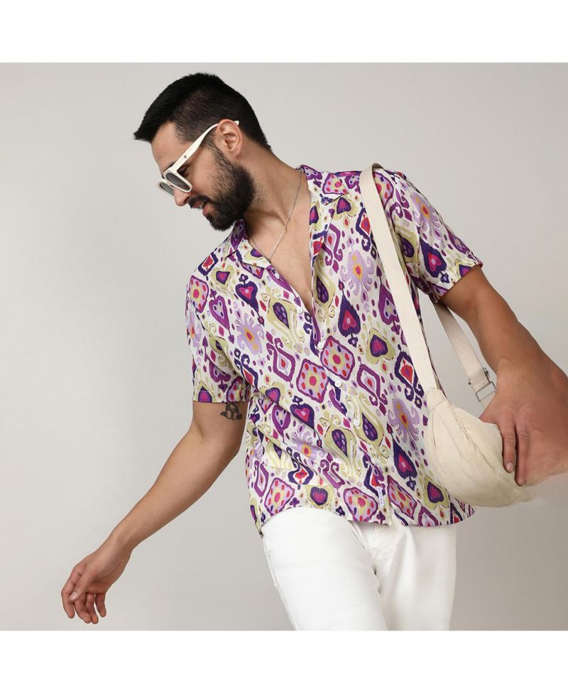 Men's Lavender & Pear Yellow Ethnic Shirt
