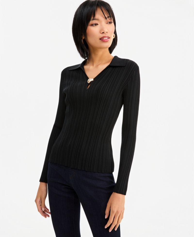 Women's Ribbed Hardware V-Neck Sweater
