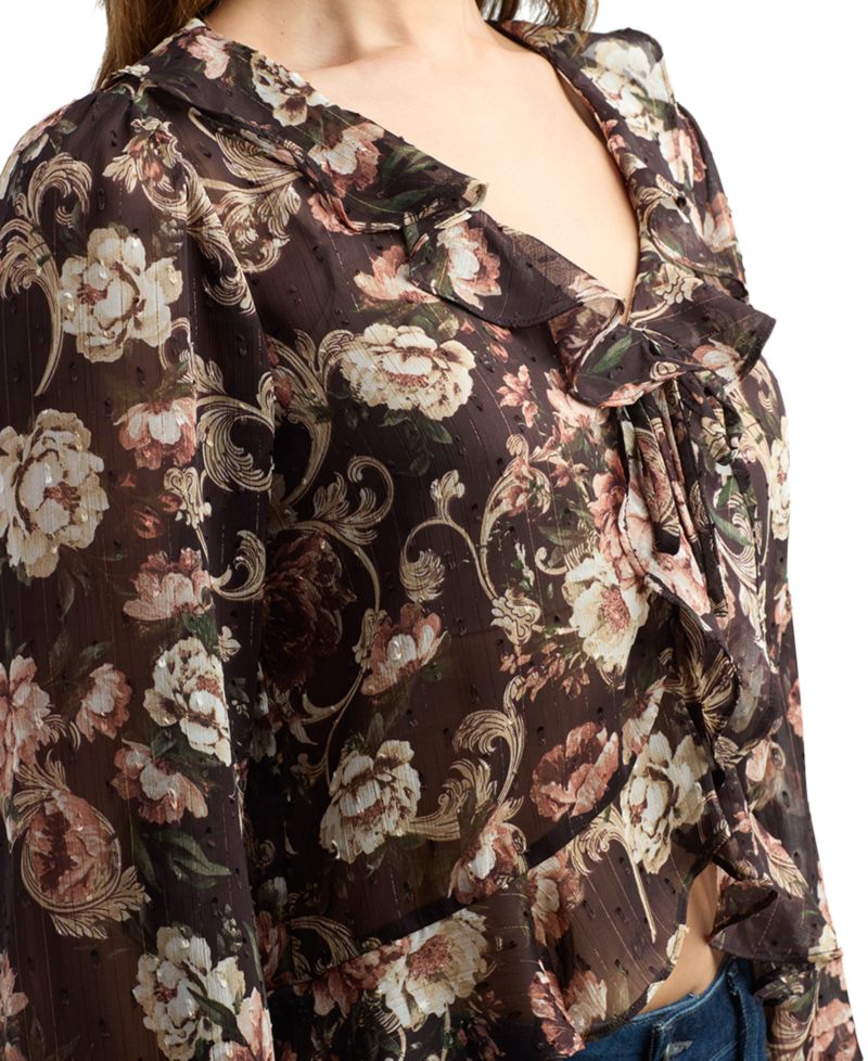 Juniors' Sheer Floral Chiffon Long-Sleeve Blouse
