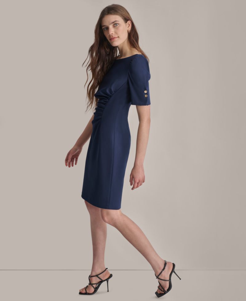 Petite Ruched Jewel Neck Sheath Dress