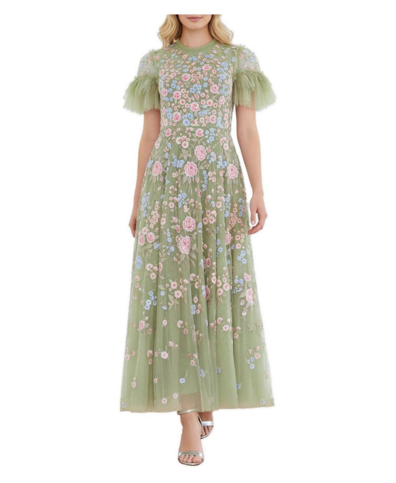 Women's Antoinettes Floral Short-Sleeve Tulle-Ruffle Gown