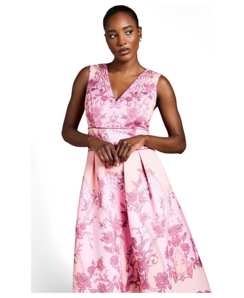 Women's V-Neck Satin Floral Print Midi Dress