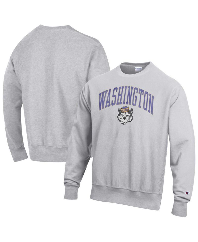 Men's Gray Washington Huskies Distressed Arch Over Logo Reverse Weave Crew Neck Sweatshirt