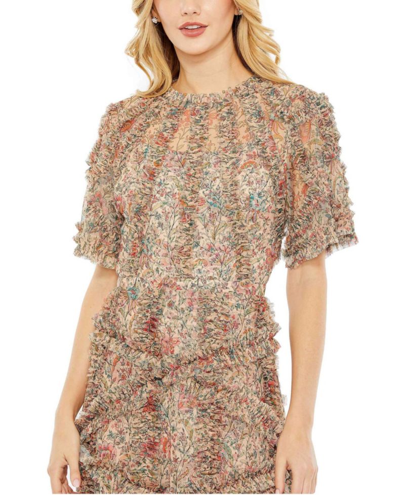 Women's Floral Flutter Sleeve Mesh Print Dress