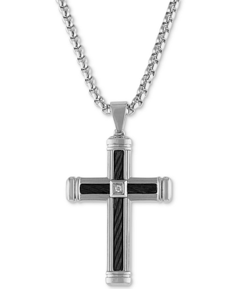 Diamond Accent Cross 22" Pendant Necklace in Stainless Steel & Black Ion-Plate