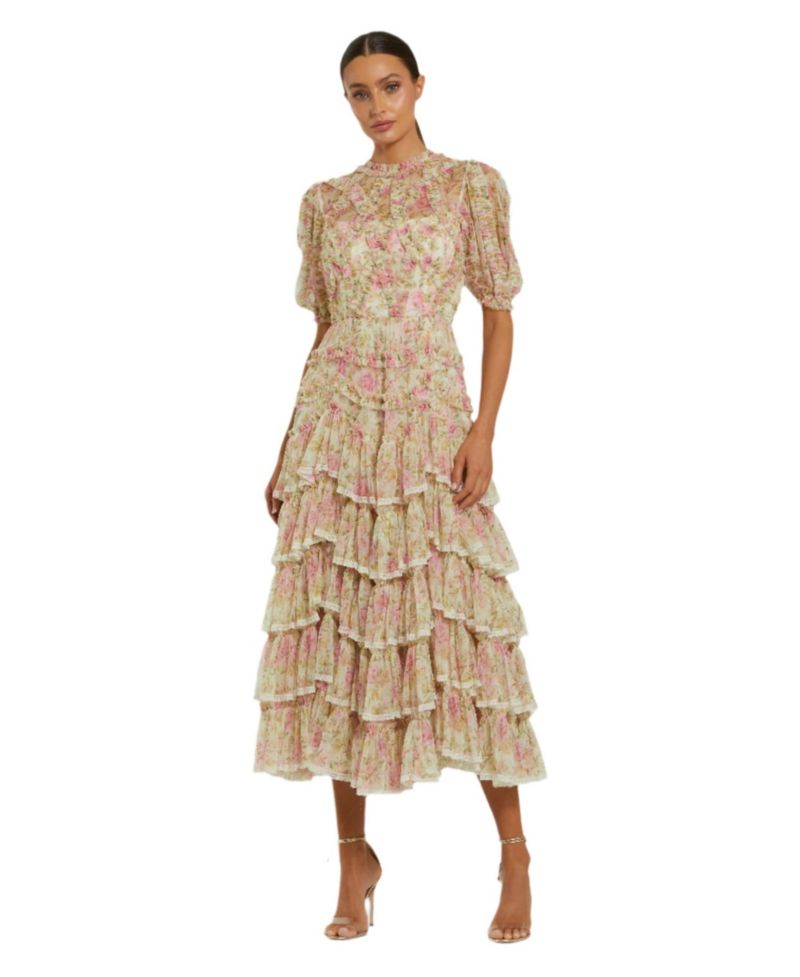 Women's Lace Trim Printed Mesh High Neck Midi Dress