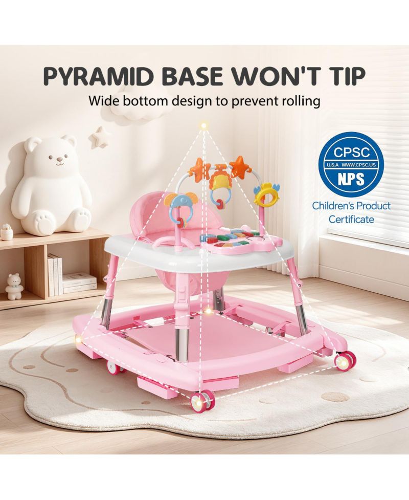 5-in-1 baby walker with adjustable height, activity panel and foldable design