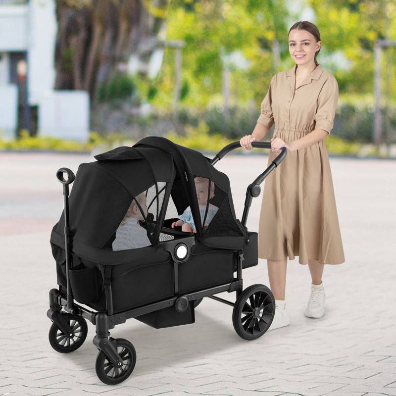 2-Seater Collapsible Kids Wagon Stroller with Push Pull Handle and Adjustable Bar