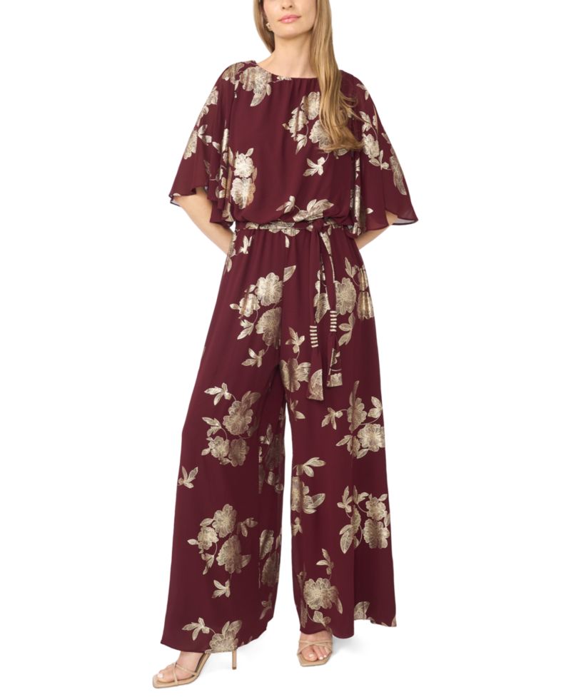 Women's Floral-Print Metallic Wide-Leg Jumpsuit
