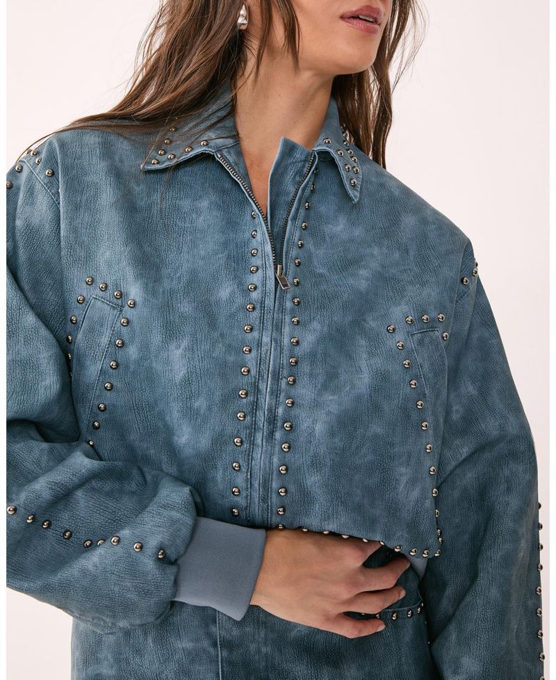 Women's Leather Studded Bomber Jacket
