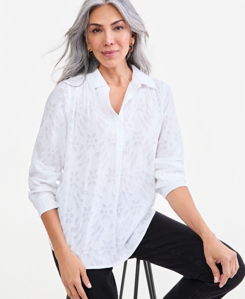 Women's Jacaurd Long-Sleeve Popover Blouse