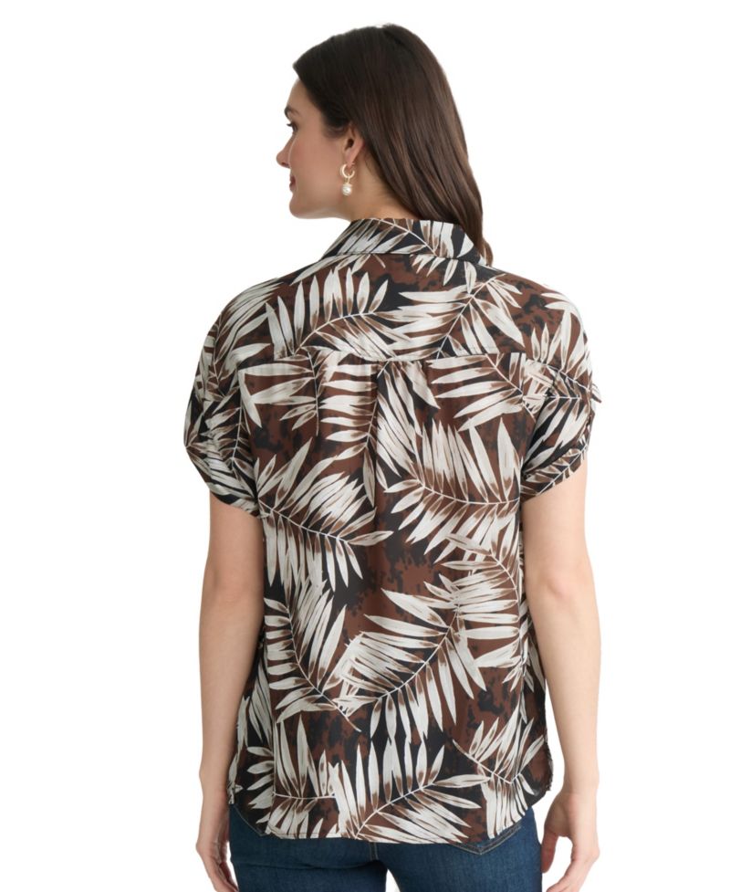 Petite Palm Print Collared Neck Shirt