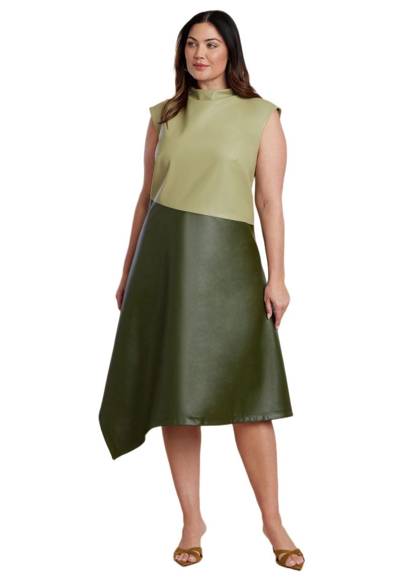 Women's Colorblocked Draped Faux Leather Dress