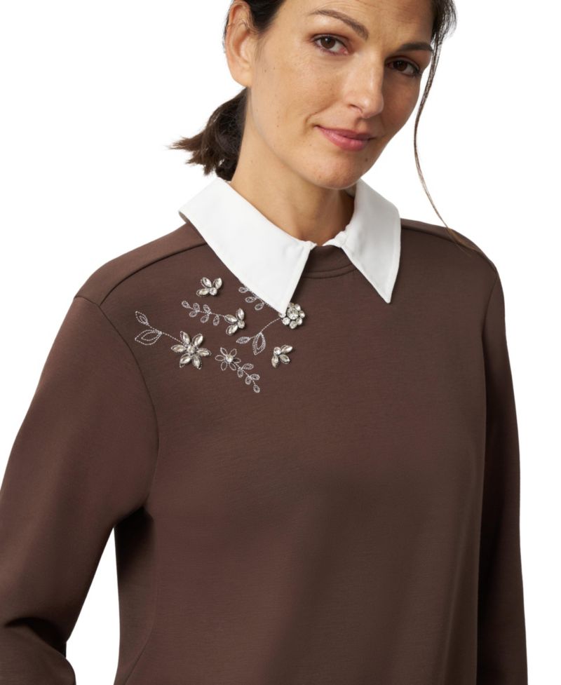 Women's Collared Long-Sleeve Embellished Twofer Top