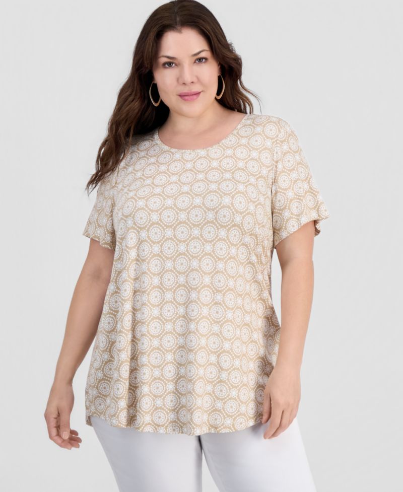 Plus Printed Scoop-Neck Short Sleeve Top