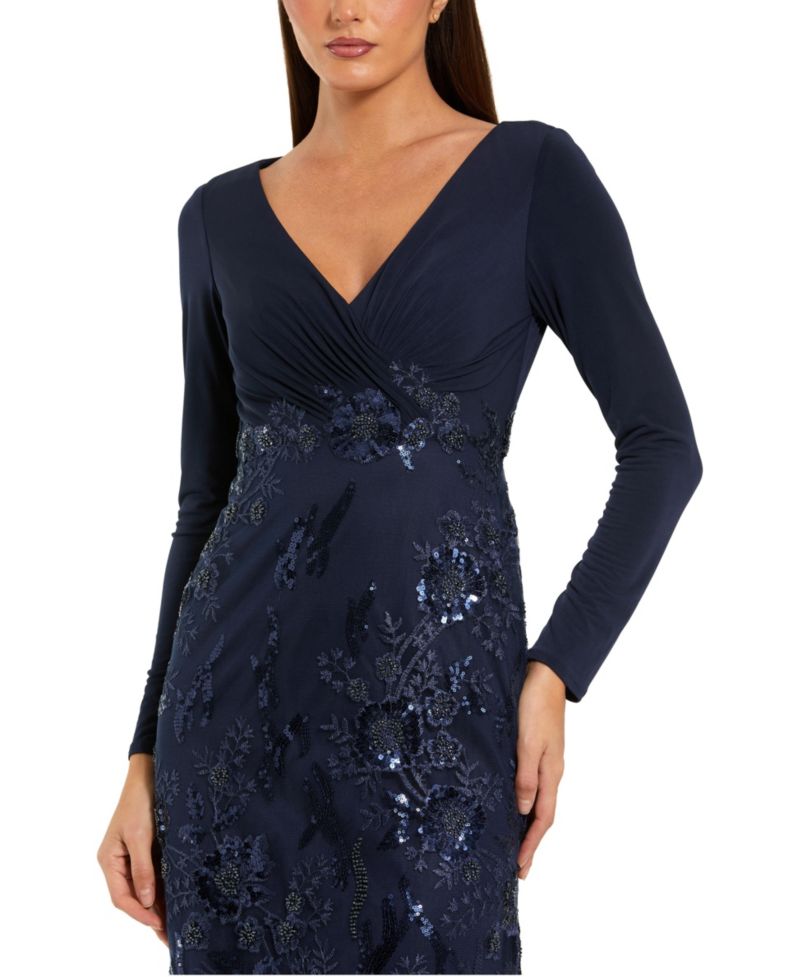 Embellished Long Sleeve Wrap Over Trumpet Gown