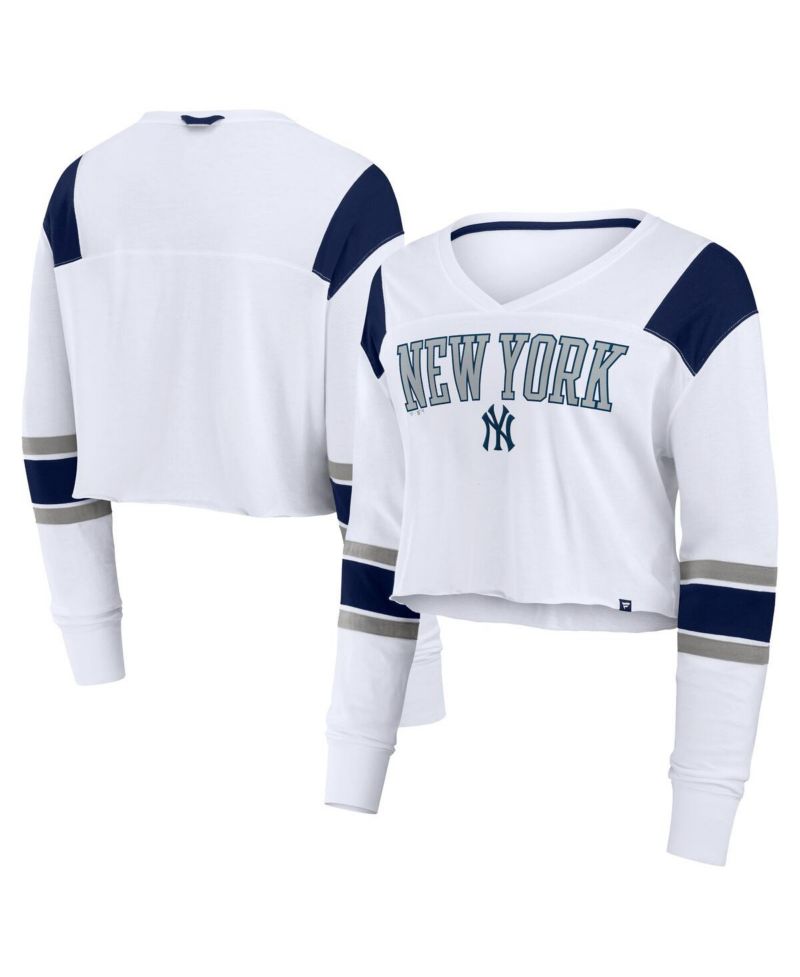 Women's White New York Yankees Stretch Cropped Fashion Long Sleeve T-Shirt