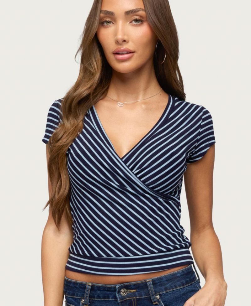 Women's Naame Striped Wrap Cotton-Blend V-Neck Top