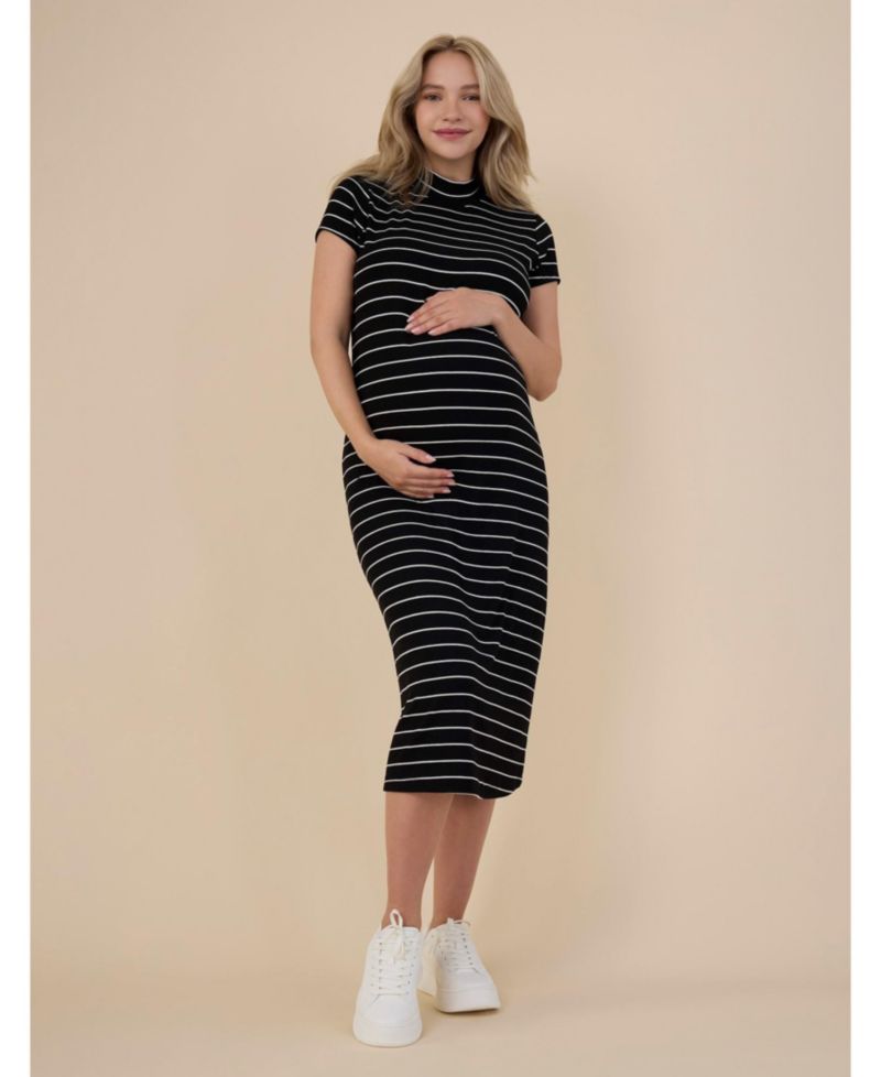 Women's Mock Neck Short Sleeve Ribbed Midi Dress - Motherhood