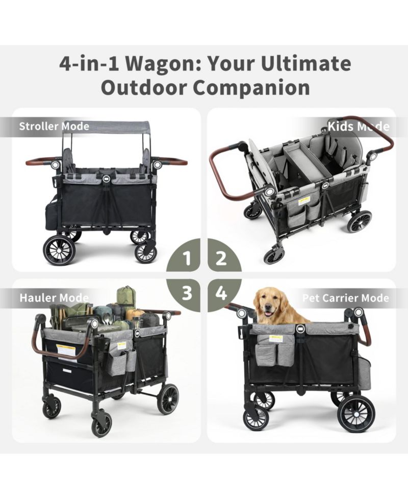 All-Terrain 4-Seat Stroller Wagon with Canopy, Shock-Absorbing Wheels, Snack Tray, Storage Bag & Adjustable Handle