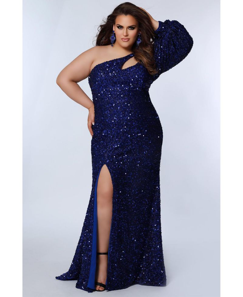 Women's One-Shoulder Pouf Sleeve Sequin Plus Size Evening Gown