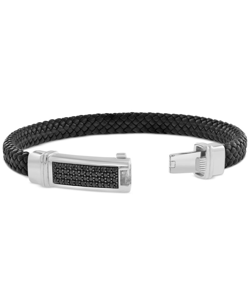 EFFY® Men's Black Spinel Pav&eacute; Woven Black Leather Bracelet (3/4 ct. t.w.) in Sterling Silver