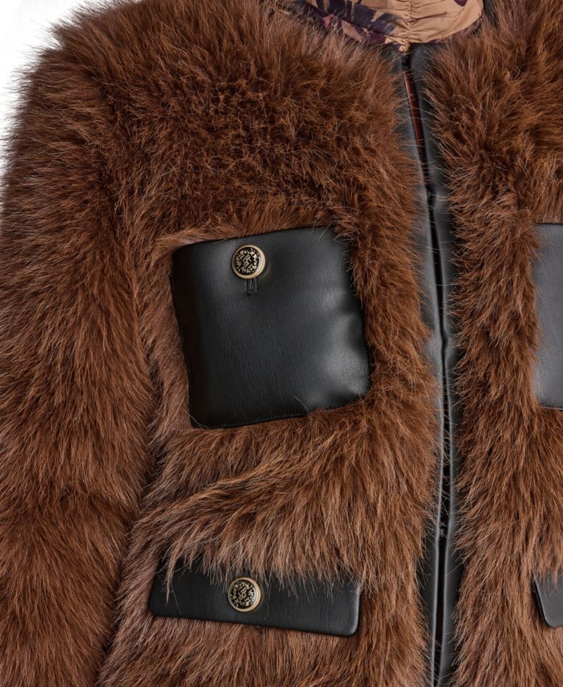 Women's Cropped Faux Fur Jacket with Faux Leather Trim