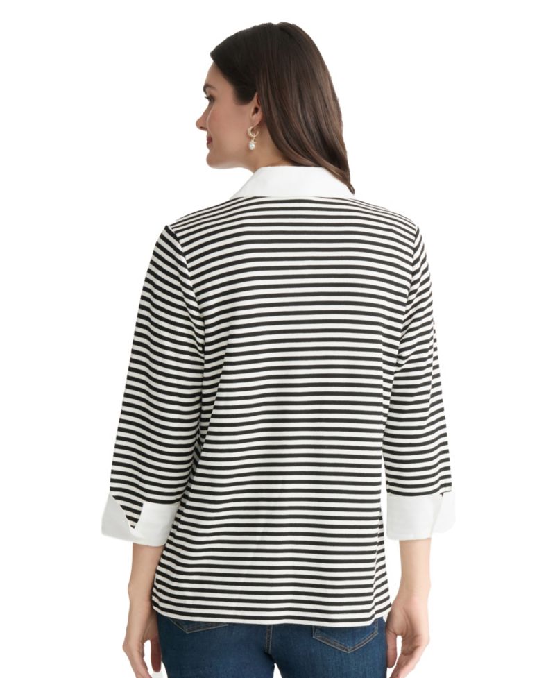 Women's Striped Collared 3/4-Sleeve Two-Fer Top
