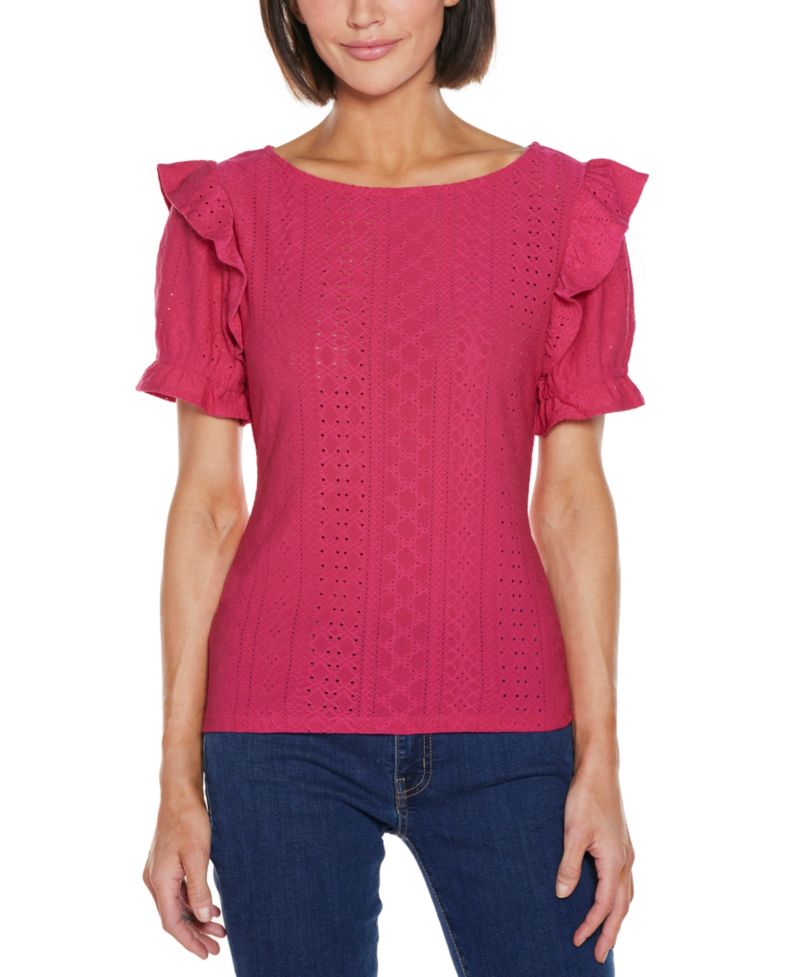 Women's Knit Eyelet Ruffle Sleeve Top
