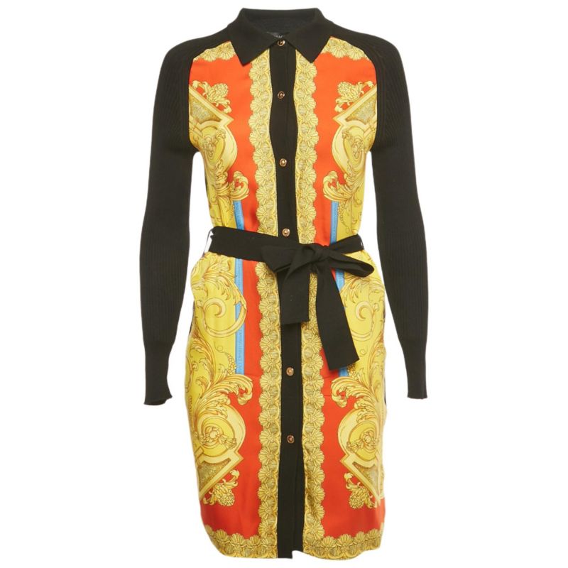 Women's Black/yellow Barocco Print Silk And Rib Knit Cardigan