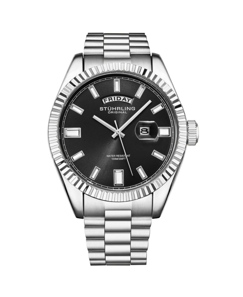 Statesman 4070 Men s Watch – Stainless Steel Bracelet, Black Dial, Day-Date Quartz, 42mm Fluted Bezel